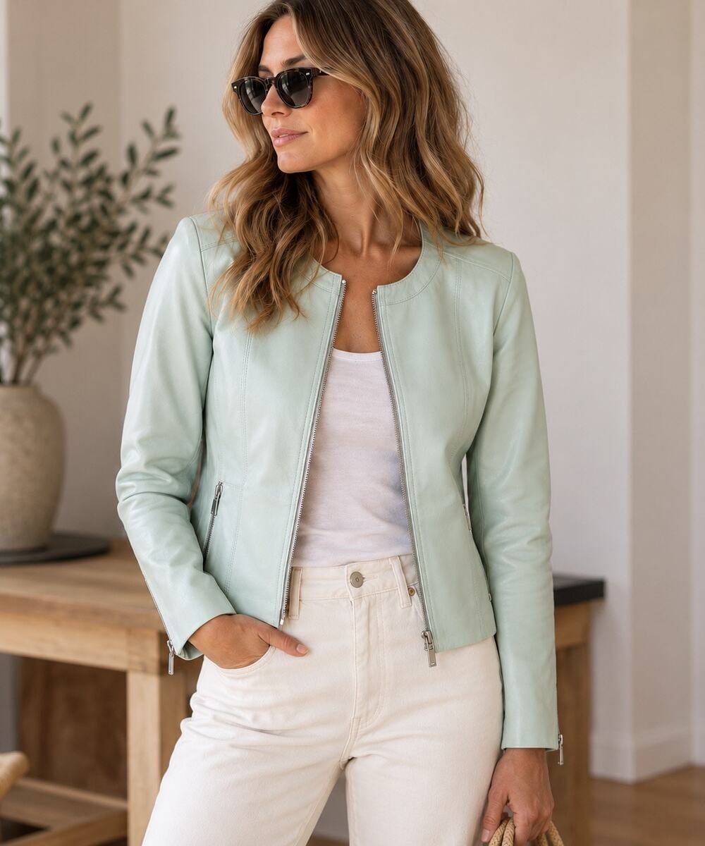 Lafayette 148 Collarless Fitted Leather Jacket Silver Hardware Mint Green Sz 12